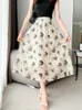 Skirts Women Vintage Fashion Ink Printing Lady Elastic High Waist See-Through Mesh Skirt Elegant A-Line Print Mdi 2023