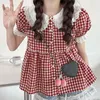 Women's Blouses Deeptown Red Plaid Shirts Cute Women Japanese Kawaii Lace Puff Sleeve Tops Preppy Style Vintage Lolita Sweet Girl Chic