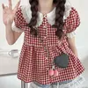 Kvinnors blusar deeptown röda rutiga skjortor söta kvinnor japanska kawaii spets puffhylsa toppar preppy stil vintage lolita söt tjej chic