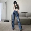 Kadın Kot Vintage Yıldız Baskı Yüksek Bel Kadın Harajuku 90 s Estetik Kot Uzun Pantolon Bayanlar Streetwear Kıyafetler Düz Pantolon