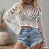 Fashion Women's Swimwear Crochet Top Summer Long Sleeve Crochet Cover Up Beach Bikini Loose Top