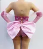 Damen-Overall, Strampler, rosa, ärmellos, Blumen-Party-Bodysuit mit Kristall-Gürtel-Handschuh, Nachtclub-Pole-Dance-Trikot, Bühnen-Outfit-Sets 230625