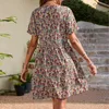 Casual Dresses Fashion Women'S Summer Round Neck Wrinkle Floral Printed Pattern Loose Button Plain A-Line Tunic Dress Vestidos