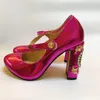 Dress Shoes Luxury Beaded Women Round Toe Rose High Platform Chunky Heel Pumps Mirror Patent Leather Ankle Strap Heels