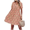 Casual Dresses Fashion Women'S Summer Round Neck Wrinkle Floral Printed Pattern Loose Button Plain A-Line Tunic Dress Vestidos