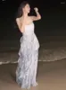 Casual Kleider Sommer Blau Rüschen Fee Kleid Frauen Solide Elegante Party Lange Weibliche Koreanische Mode Backless 2023 Französisch