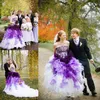 Purple and White Ombre Gothic Wedding Dresses Strapless with Lace and Organza Appliques Cascading Ruffle Chapel Train Ball Gown Br250Y