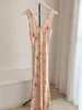 Casual Dresses Women's Sexy V-neck Pink Floral Print Sleeveless Silk Maxi Long Dress - Elegant &