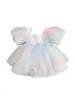 Robes de fille Princesse Infant Baby Girls Mesh Dress Pageant Swiss Puff Sleeve Bowknot Layered With Headband 2pcs Outfits (Rose