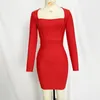 Casual Dresses Factory Wholesale Women's Red Long Sleeve Square Collar Eastic Tight Sexy Celebrity Boutique Cocktail Party Bandag Dress