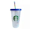 Starbucks 머그잔 24oz 710ml 플라스틱 텀블러 재사용 가능한 검은 색 음주 평평한 바닥 컵 기둥 모양 뚜껑 밀짚 FY4448 0626266L