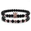 Strand 2pcs/Zestaw mody Rose Gold Kolor Cz Crown Ball Para Bransoletki Banles Charm Women Men Black Stone Bead Bransoletka Joga Biżuteria