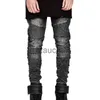 Męskie dżinsy wiosenne jesienne streetwear Men Slim Biker Dżinsy Fashion Folds Motorcycle Chuda Jogger Męska deskorolka Hip Hop Dżinsowe spodnie J230626