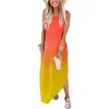 Casual Dresses Summer Fashion Women's Round Neck Sleeveless Gradient Printing Pocket Long Dress Female Lady Sexig Sexig