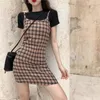 Abiti casual Preppy Stle Temperament Vita alta Sleevess Slim Coffee Dress Summer Women Retro Plaid French Niche All-Match