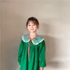 Vestidos de menina bebê crianças gola xadrez princesa vestido de outono criança manga longa primavera verde letras bordados