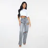 Women's Jeans Women's Women Spring Fashion Casual Straight Pants Ripped Hole High Waist Sexy Slit Color Grey Long Cotton Trousers C3310