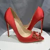 Red Silk Crystal Buckles Women Pumps Extreme High Heel Pointed Toe Slip On Pumps Elegant Ladies Party Shoes
