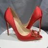 Rouge soie cristal boucles femmes pompes extrême haut talon bout pointu sans lacet pompes élégantes dames chaussures de fête