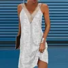 Vestidos casuais femininos com costura em renda decote em V bordado requintado vestido regata verão branco festa para mulheres 2023