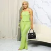 2023 Chic Two Piece Set Outfits Tracksuit Fashion Pleated Women Set Halter Neck Tank Top och Wide Leg Pants 2st.