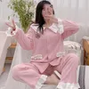 Women's Sleepwear Spring Sleep Suit Women Pink Cotton Pajamas 2pcs Set Nighties Wear Turn-down-collar Pijama Home Nightwear