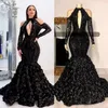 Jupes noires à plusieurs niveaux robes de bal col haut africain 3D dentelle fleurs paillettes robes de soirée grande taille robe réfléchissante Xu