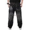 メンズジーンズストリートダンスワイドレッグバギージーンズメンファッション刺繍ブラルーズボードデニムパンツ男性ラップヒップホップジーンズプラスサイズ30 J230626