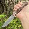 Camping Hunting Knives Fixed Outdoor Hunting Knife 5Cr15Mov Blade With Damascus Coating Faux Ivory Handle High Quality Sheath Fishing Hiking CampingHKD230626