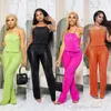 2023 Chic Two Piece Set Outfits Tracksuit Fashion Pleated Women Set Halter Neck Tank Top och Wide Leg Pants 2st.