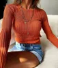 Kvinnors tröjor White See Through Elegant Striped Women Tops Outfits Långärmad t-shirts Tees Skinny Club Party Clothes Pullover