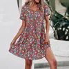 Casual Dresses Fashion Women'S Summer Round Neck Wrinkle Floral Printed Pattern Loose Button Plain A-Line Tunic Dress Vestidos