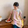 Vestidos para meninas Roupas infantis Vestido 2023 Primavera Verão Estilo Meninas Patchwork Pastoral Coreano Decote em V Manga Curta Longa