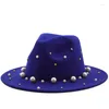 Bérets printemps automne femmes large bord Faux laine feutre chapeau haut de forme perle décoration Jazz fête mariage Tan Fedora chapeaux pour dames