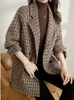 QNPQYX новый винтажный женский шерстяной блейзер с узором "гусиные лапки" двубортный клетчатый женский пиджак модная корейская верхняя одежда свободный блейзер пальто