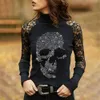 Camiseta crânio de renda estampada floral ladies tshirt outono perfuração quente gótico mulheres blusas tshirt tops tops de manga longa Sexy Business OL Tops