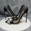 Вязаные с жемчугом туфли с острым носком, черные туфли на шпильке в сеточку, на высоком каблуке, 10 см, пикантные туфли без шнуровки для свадебной вечеринки, женские большие размеры 33-45