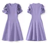 2023 Summer PurpleSolid Color Dress Short Sleeve Round Neck Knee-Length Casual Dresses W3L042304