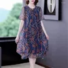 Robes décontractées Vintage élégant mode imprimé fleuri 2023 été gaze mère robe 5XL femmes d'âge moyen Midi cordon Dresse