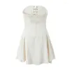 Casual Dresses Summer 2023 Women Beige Lacing Up Bandage Sexy Strapless Mini Dress Skater Robe