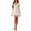 Casual Dresses Women Sexy Mesh Mini Dress Miqil Long Sleeve See Though Sundresses Low Cut Laceup Y2K Summer Short Club (2-White M)