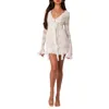 Robes décontractées Femmes Sexy Maille Mini Robe Miqil Manches Longues Voir Bien Sundresses Low Cut Laceup Y2K Summer Short Club (2-White M)