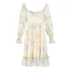 Abiti casual Hstar Abito lungo lungo in chiffon con maniche a sbuffo con stampa floreale vintage in stile francese Boho Party Yellow Oil Painting