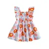 Girl Dresses KtwHarnu Toddler Baby Summer Dress Floral Print Ruffle Sleeve Square Neck Ruched Sundress Cute Boho Outfit (Orange