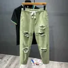 Men's Jeans Japanese Trend New Men's Ripped Hole Jeans White Green Bla Ankle Leng You Fashion Loose Denim Harem Cargo Pants J230626