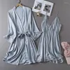 Roupa de dormir feminina 2 pçs conjunto de dormir feminino deslizamento completo rendado quimono robe vestido noiva dama de honra roupão de banho sexy casamento chemise camisola