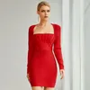 Casual Dresses Factory Wholesale Women's Red Long Sleeve Square Collar Eastic Tight Sexy Celebrity Boutique Cocktail Party Bandag Dress