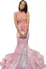 Pink Shiny Sexy Backless Prom Dresses Deep V Neck Mermaid Sequined 3D Lace Applique aftonklänningar