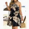 Vestidos casuales 2023 Moda de verano Off Hombro Halterneck Frenulum Flojo Sexy Temperamento Textil Impresión Vestido Tendencia de las mujeres H376