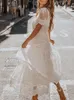 Basic Casual Dresses Summer Dress Women White Long Ladies Hollow Out Maxi Female Fashion V Neck Short Sleeves Lace Robe Femme 230625